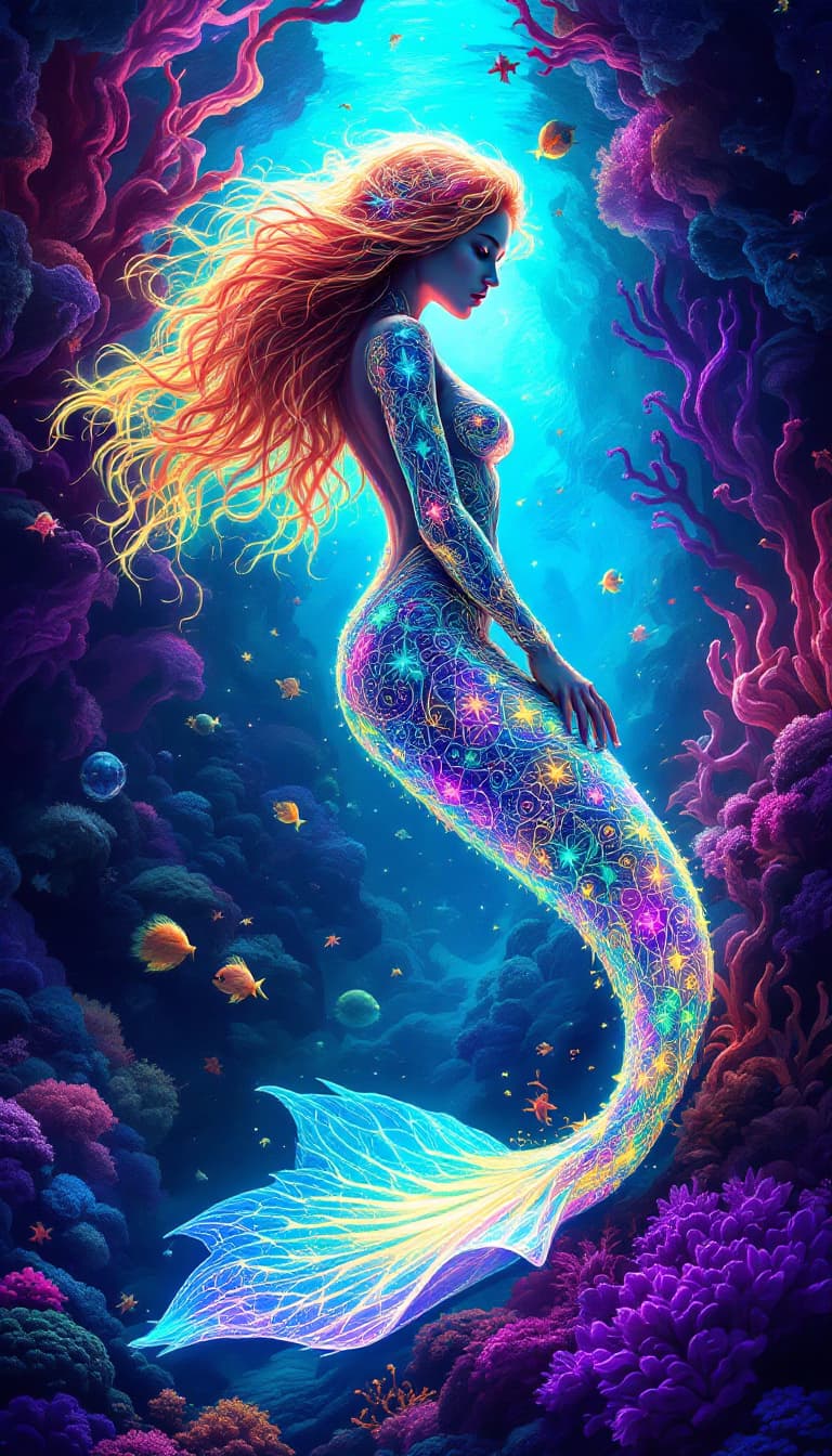 AI generated: Psychedelic mermaid with fractal patterns on skin, glowing tail, surrounded by neon ocean, vibrant c...