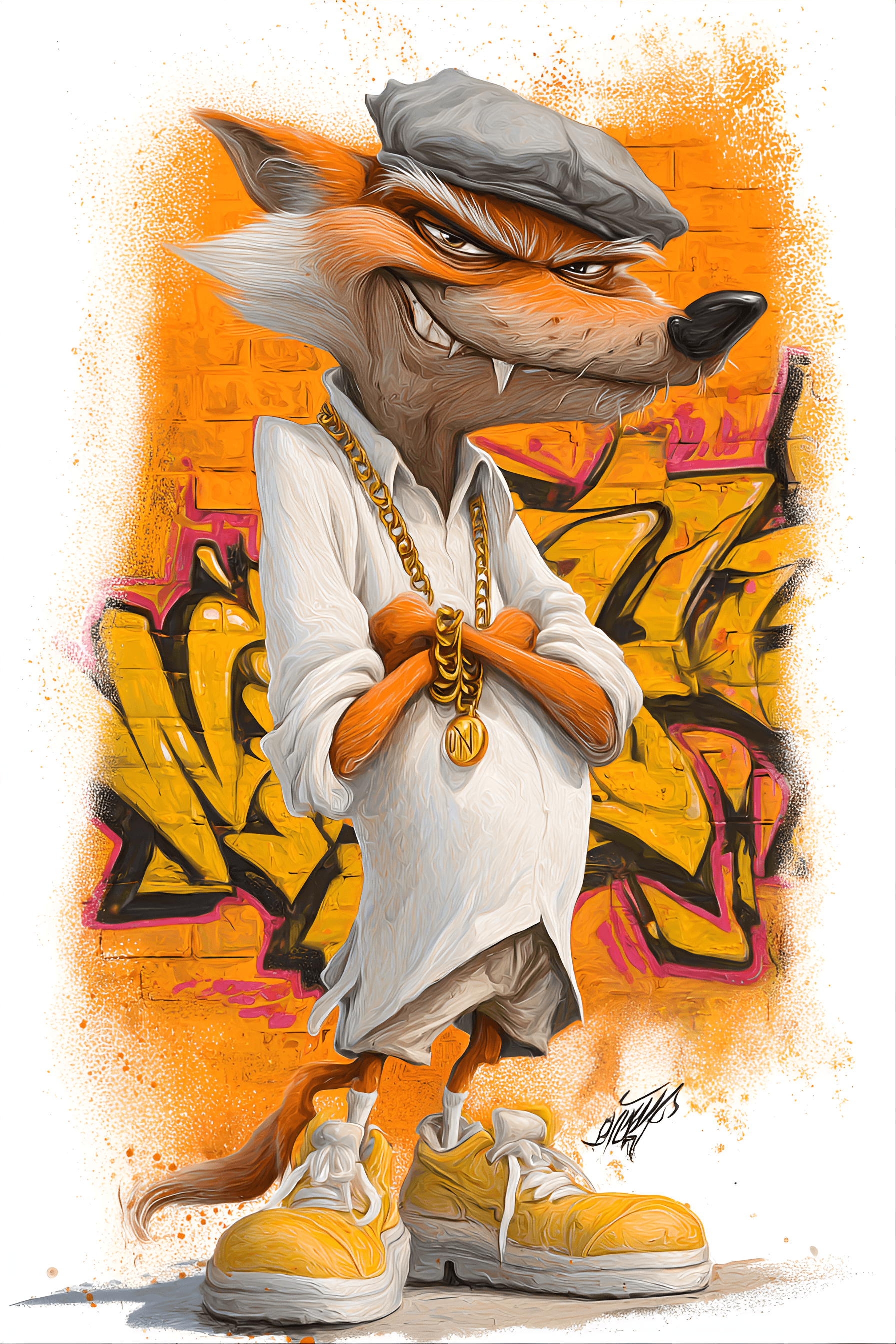 AI generated: funny caricature, gangster fox character caricature, elderly european male, 67 years old, slick fur,...