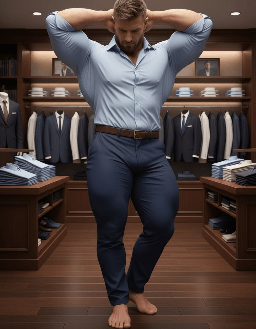 AI generated:  The bodybuilder has his two hands behind his neck. 