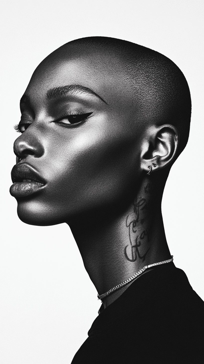 AI generated: Symetrical ultra Closeup of a dope faced tattoed model, dark mirror glazed Nike sport outfit, Minima...