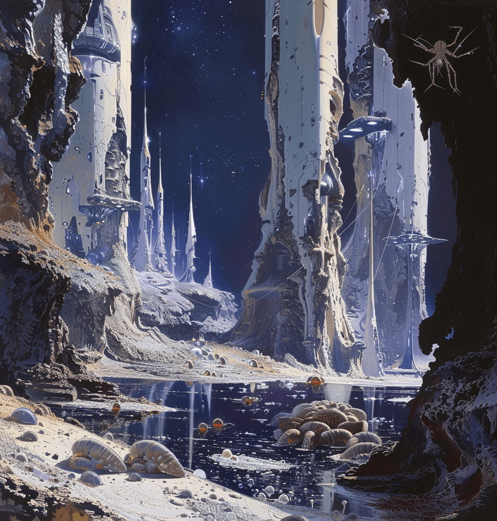 AI generated: n the style of Roger Dean, in the style of John Berkey, distant view of an alien city with white spi...