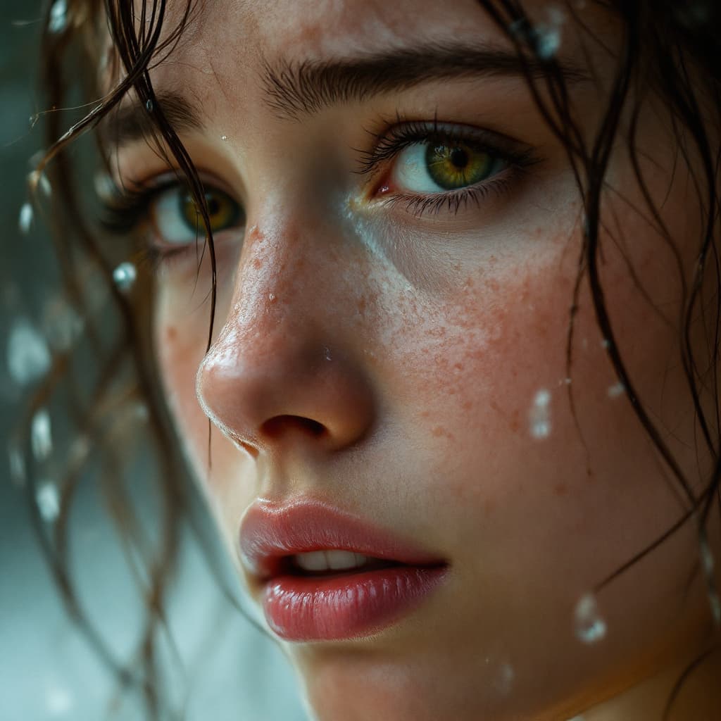 AI generated: A young and beautiful girl, extreme closeup 4K of her face, wet soft skin and realistic pores, cryin...