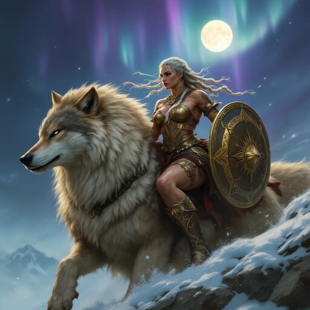 AI generated: Viking shield-maiden riding massive dire wolf, ultra-muscular build with shredded six-pack abs, huge...