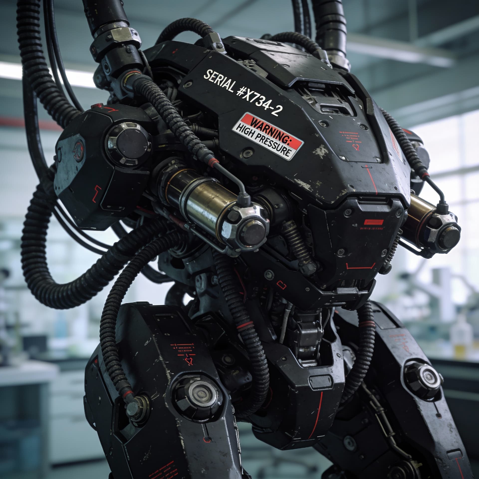 AI generated: ultra-detailed hard sci-fi biomechanical photography, complex intertwined composition, dense mechani...