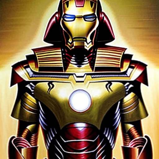 AI generated: King Tut Iron Man armor, concept armor, precise, detailed, suprematism, feline animal painting by Fr...