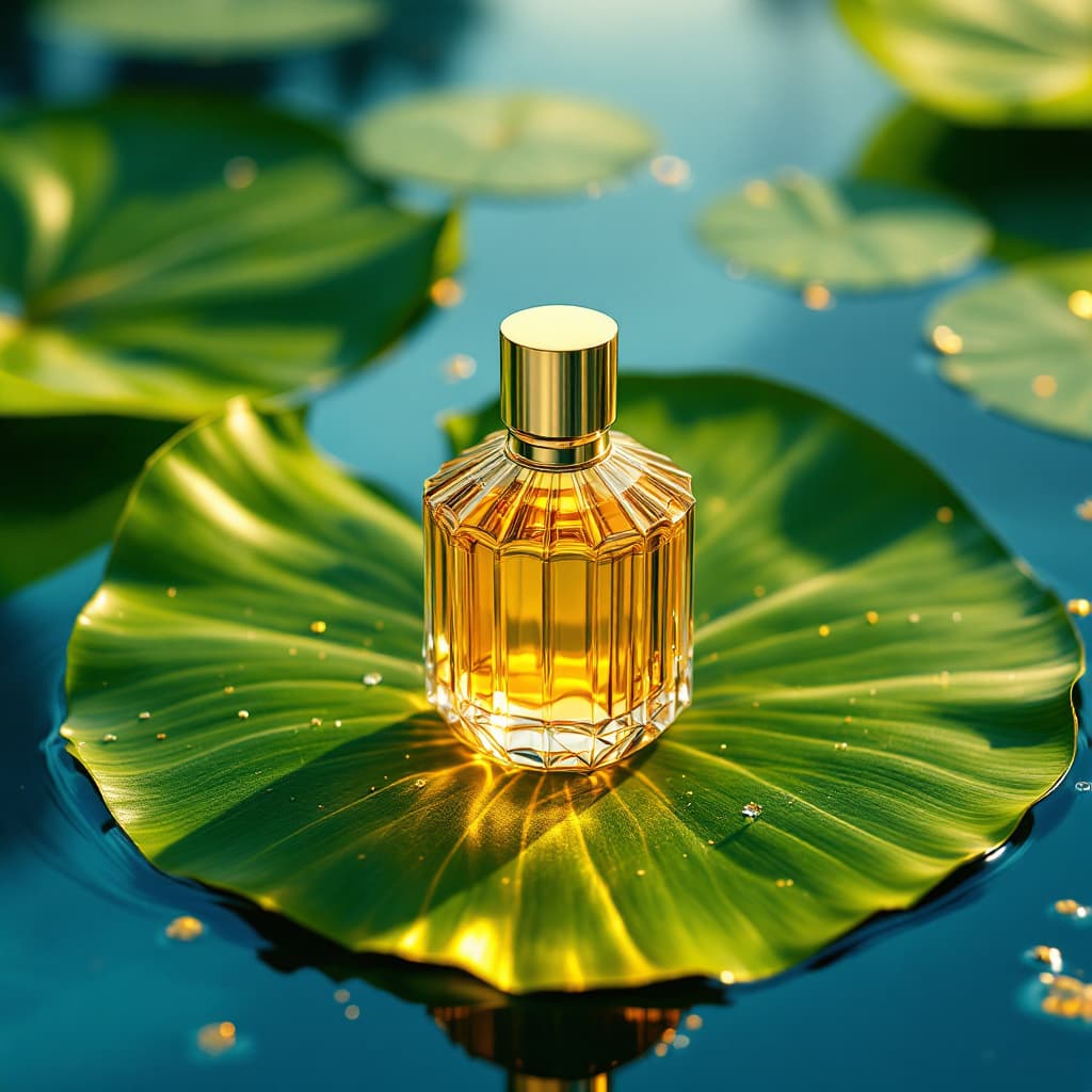 AI generated: Product rendering scene,gold prefume placed on the blue water, lotus leaf,science fiction concept st...