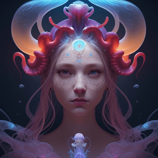 AI generated: Goddess close-up portrait ribcagel. jellyfish phoenix head, nautilus, orchid, skull, betta fish, bio...