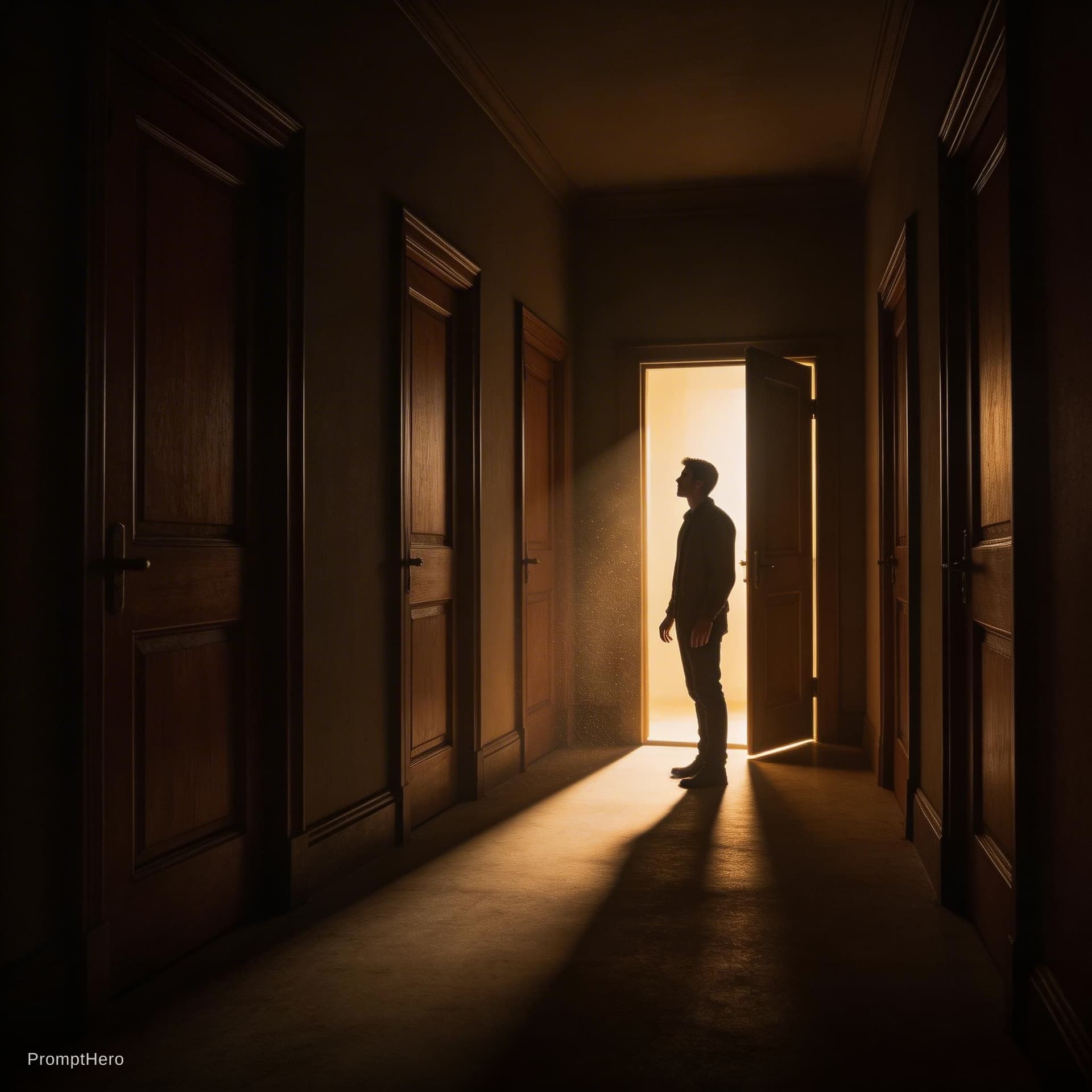 AI generated: A dramatic cinematic scene of many closed dark doors, with one door glowing with bright light slight...