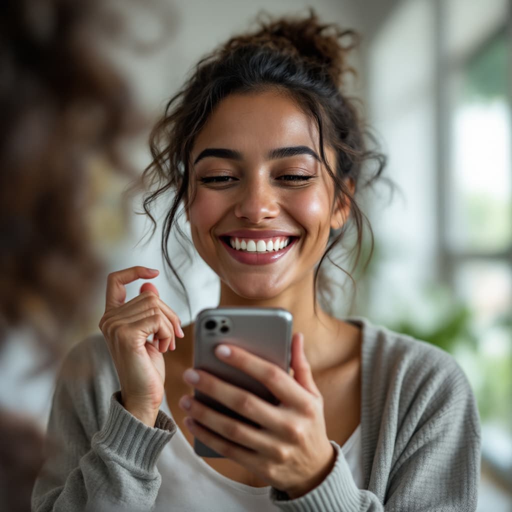 AI generated: A person smiling while holding a phone with a supportive message on the screen. dslr, ultra quality,...