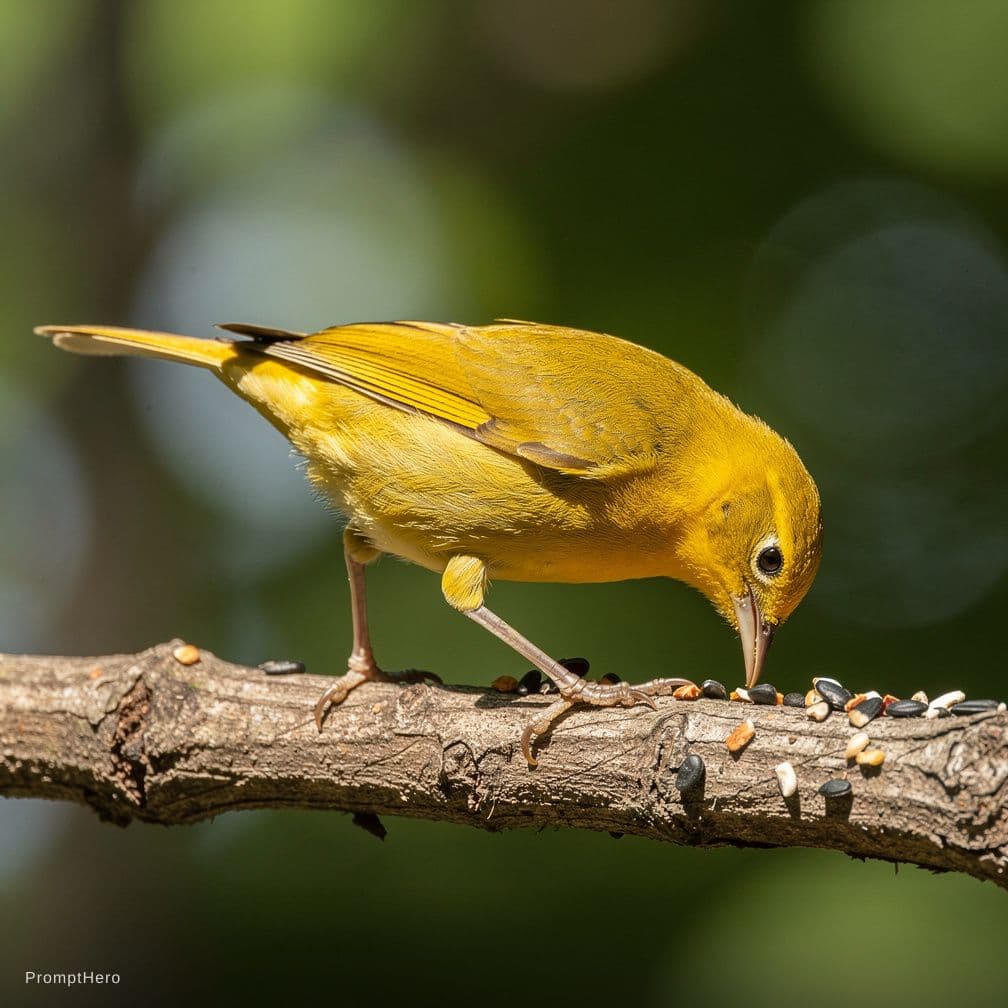 AI generated: a YELLOW SMALL BIRD ON A BRANCH WALKING ON A BRANCH AND EATING SEEDS