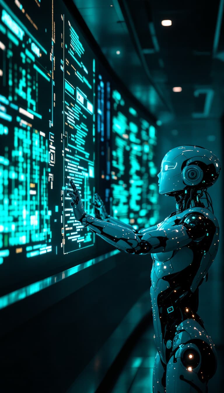AI generated: "Crea un video hiperrealista en resolución 4K que muestre a un androide futurista interactuando con ...