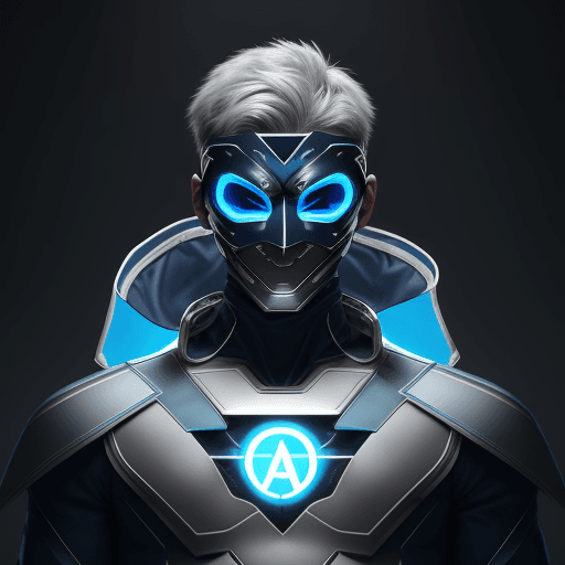 AI generated: He wears a high-tech costume in blue and silver tones with a large letter "A" on his chest. His mask...