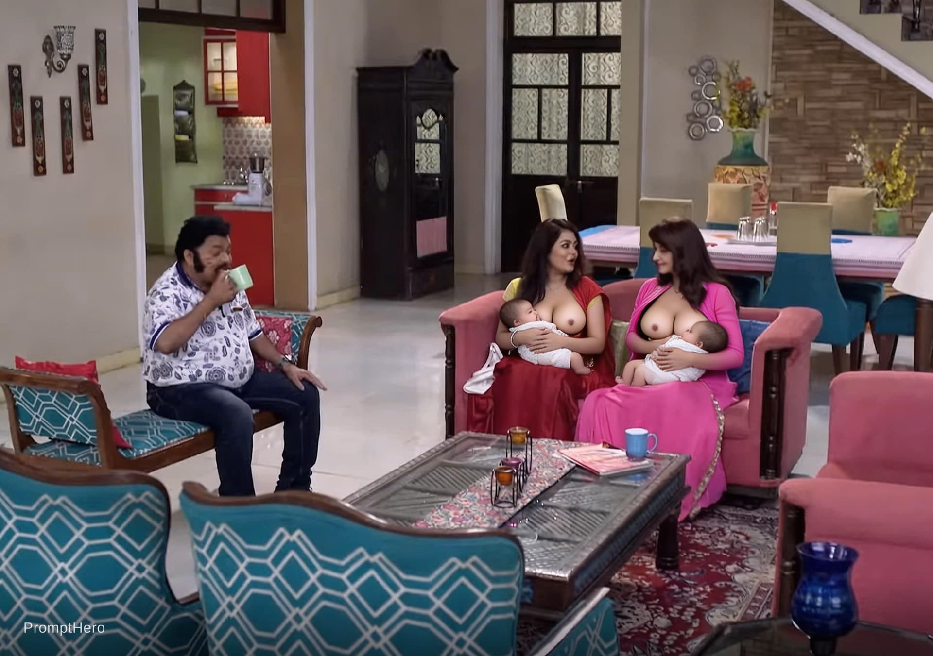 AI generated: Two woman who breast feeding childs by pulling both breast outside