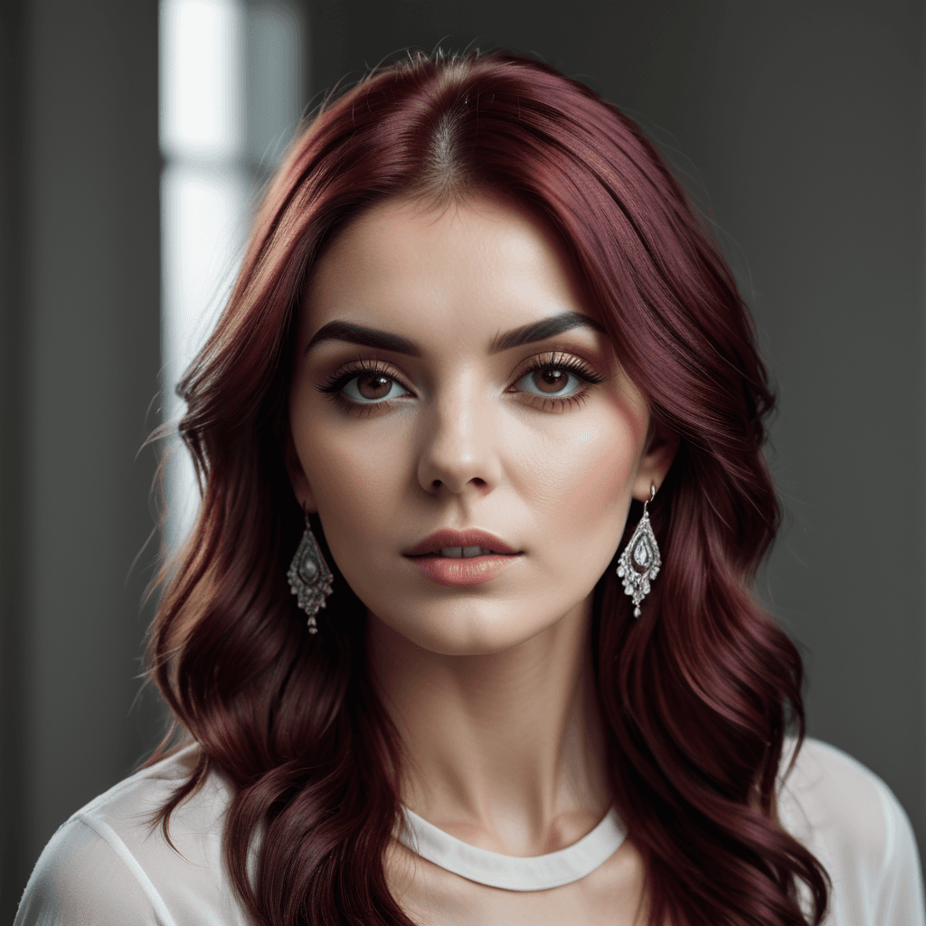 AI generated: Cover photo featuring a woman model, burgundy color hair, 300mm f/5. 8, light silver and white, opti...