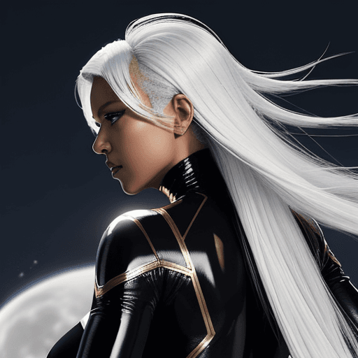 AI generated: Marvel's STORM, rear view, wearing a skintight black shiny leather suit in gold trim and a mohawk ha...
