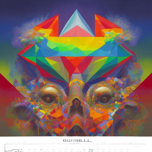AI generated: Calendar oil painting by Okuda San Miguel, Rainbow geometric architectures blend with organic shapes...