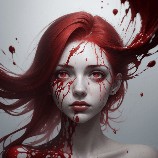 AI generated: A half body portrait of a woman made of blood, half body is submerged in blood, red hair depicting a...