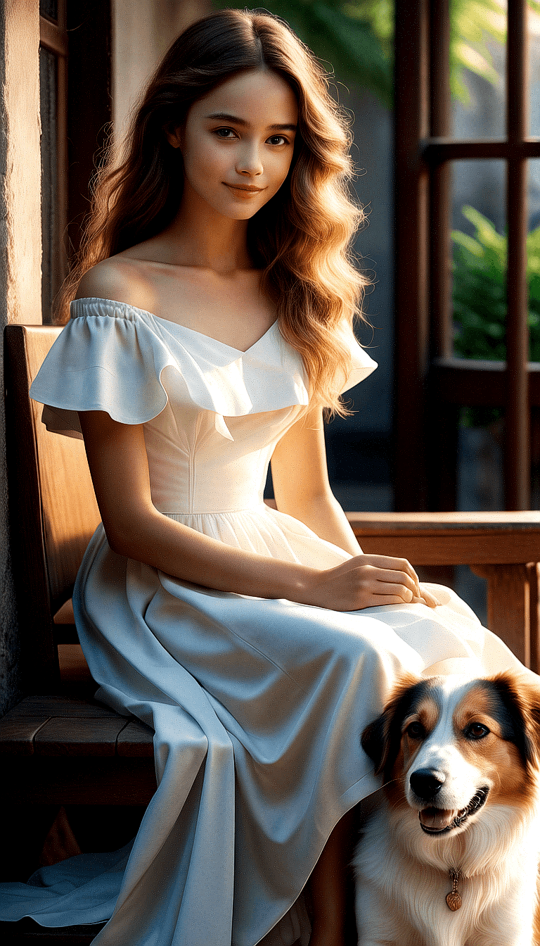 AI generated: The image features a cheerful girl sitting on a bench next to a dog. The girl is wearing a white dre...