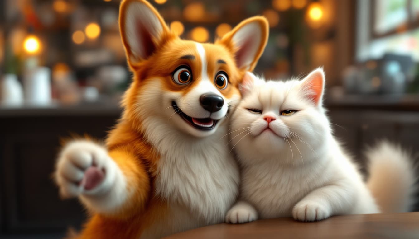 AI generated: An anthropomorphic corgi with big, expressive eyes and a big smile taking a selfie while hugging a f...