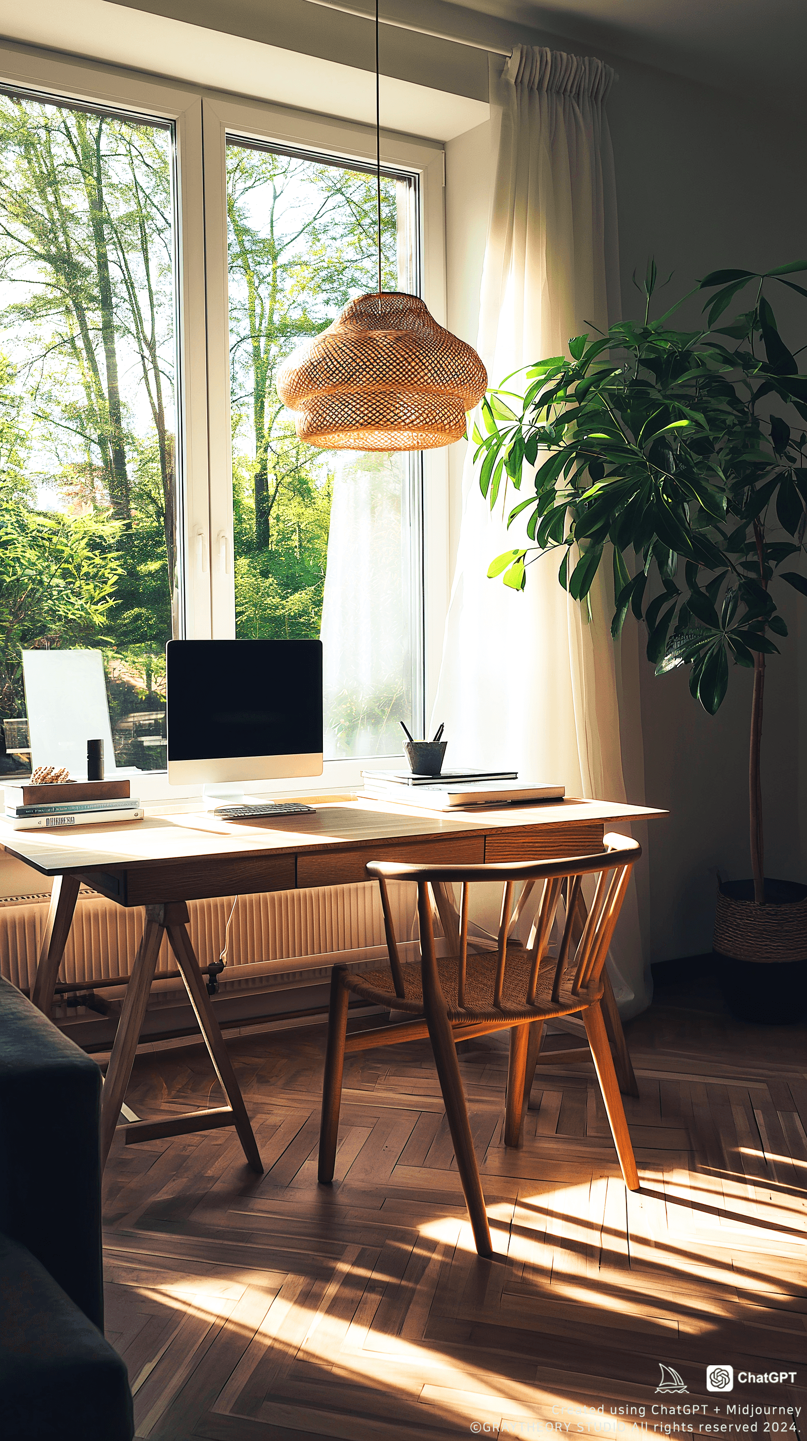 AI generated: A cozy Scandinavian home office, natural oak desk, ambient lighting from a floor-to-ceiling window, ...