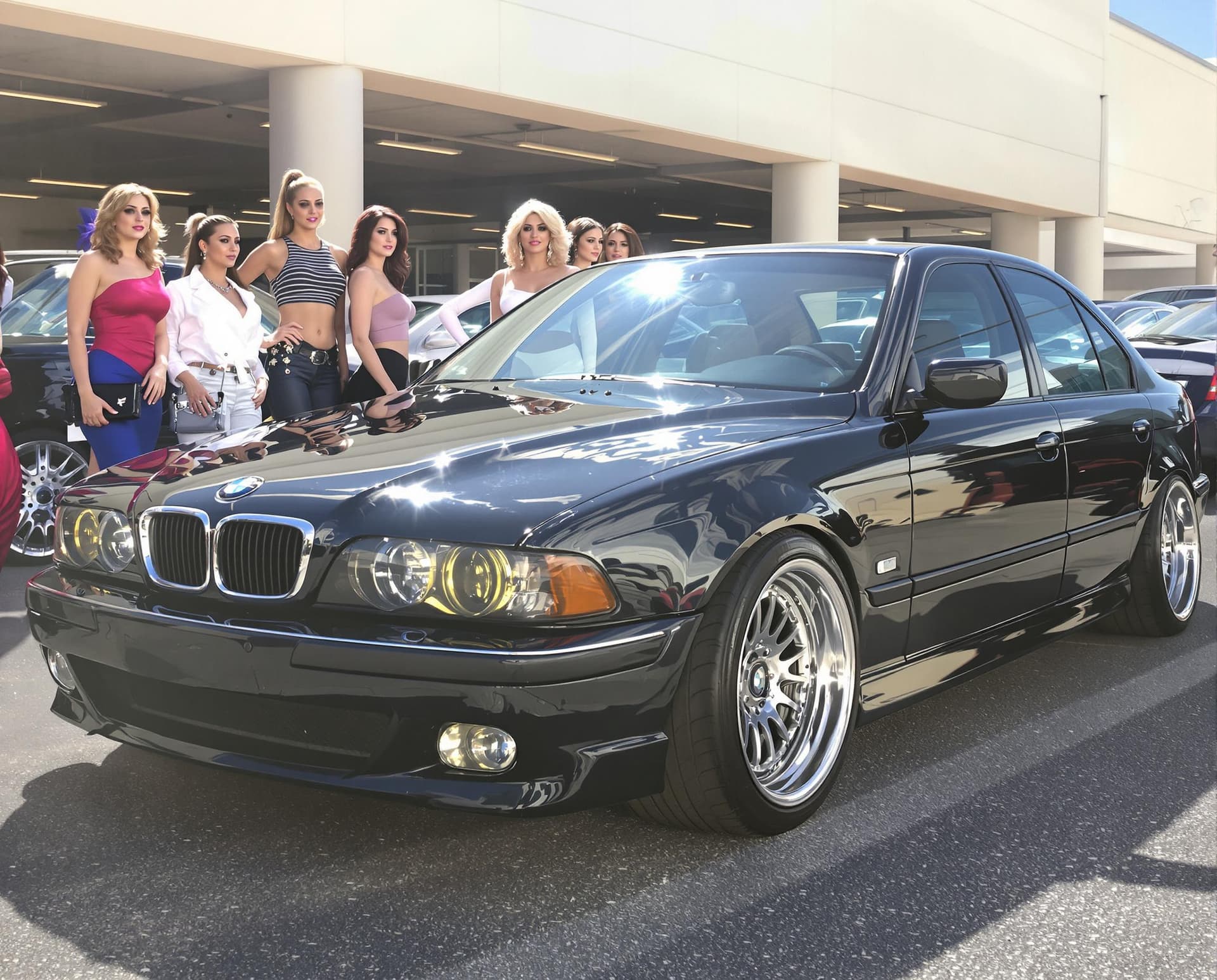 AI generated: A sleek, polished BMW E39 stands proudly in a sunlit parking lot, surrounded by a diverse group of g...