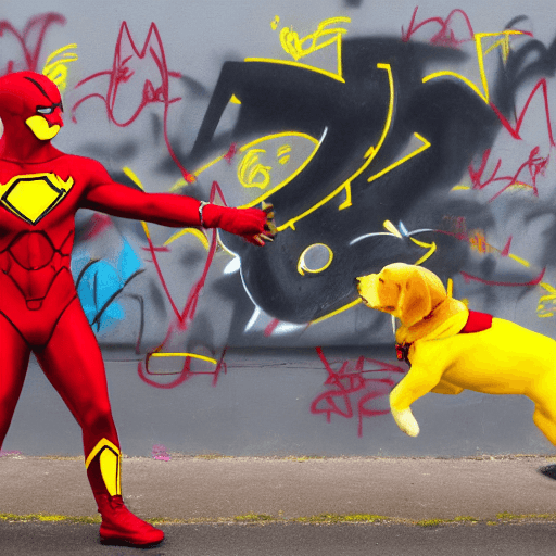 AI generated: a blackman in a red and yellow superhero suit  fighting a white man in a dog superhero suit, in fron...