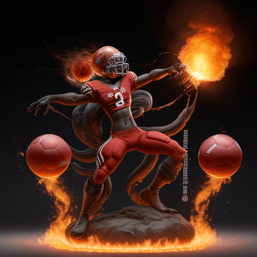 AI generated: americanfootballist with flaming balls::3 prokaryotic::1 nuclear::1 DSLR::1 vermillion::1 dof --ar 9...