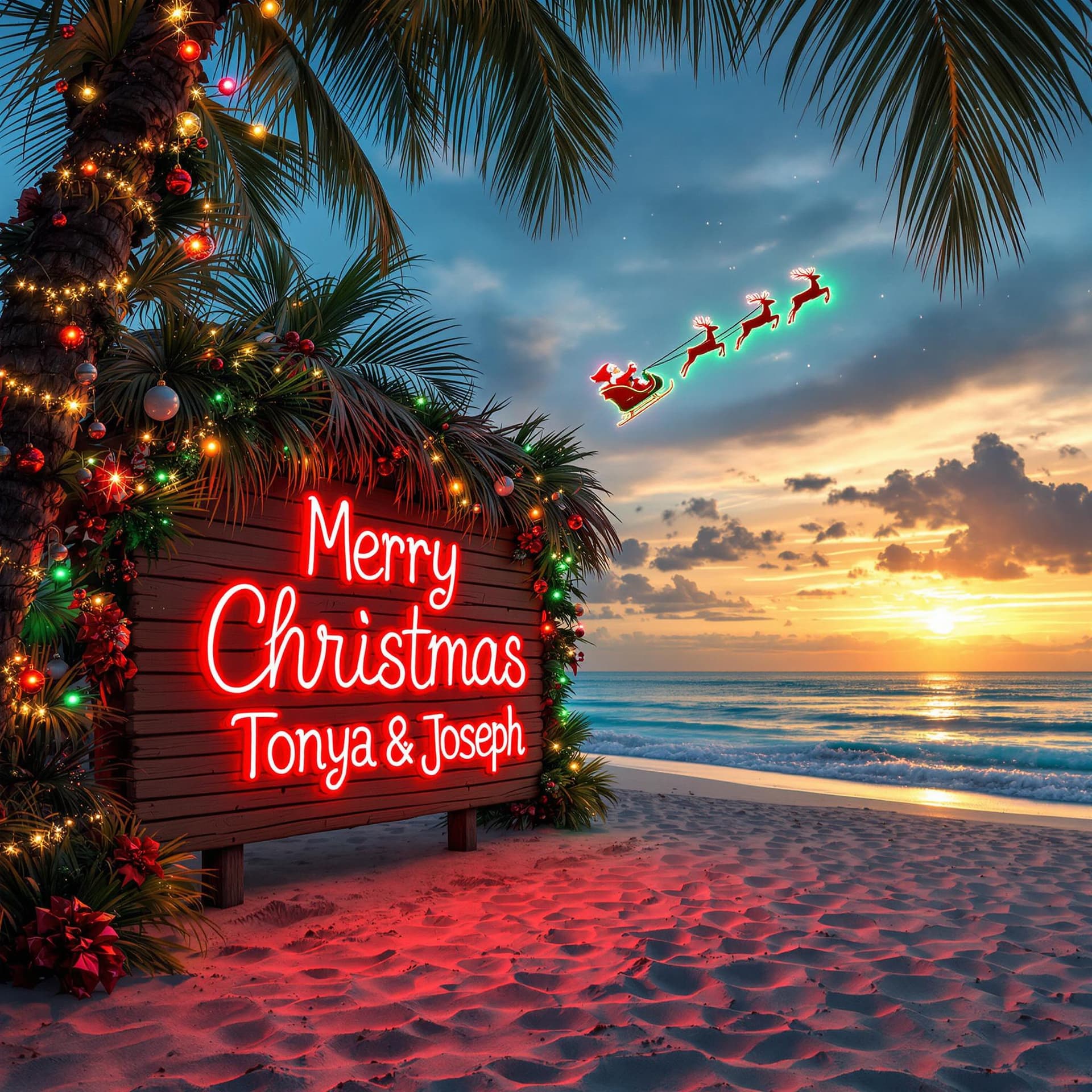 AI generated: Beachy holiday scene, lots of Christmas decorations, thatched sign made of palm fronds, red and gree...
