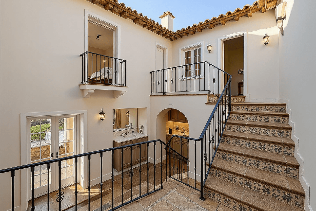 AI generated: Wrought iron banister and staircase with wooden treads and Andalusian tiles on risers, ,a Kitchen, b...