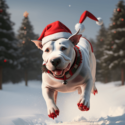 AI generated: Bull terrier head on a human body in christmas attire, with funky hat, running after Santa's sleigh ...