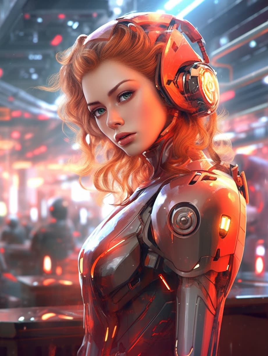 AI generated: Girls robots dressed in bright and flashy outfits reminiscent of Japanese anime, in a futuristic-cyb...