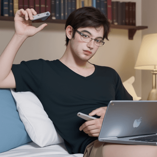 AI generated: A book worm guy doing his job in his bed with his laptop and a handphone in one of his hand, disney ...