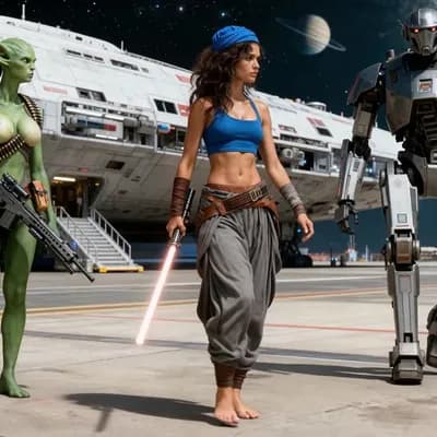 AI generated video: As the three walk, the woman and the alien princess argue.