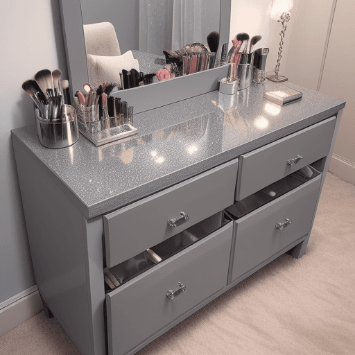 AI generated: A super realistic grey glittery dresser with storage for makeup, hair tools and daily Skincare produ...