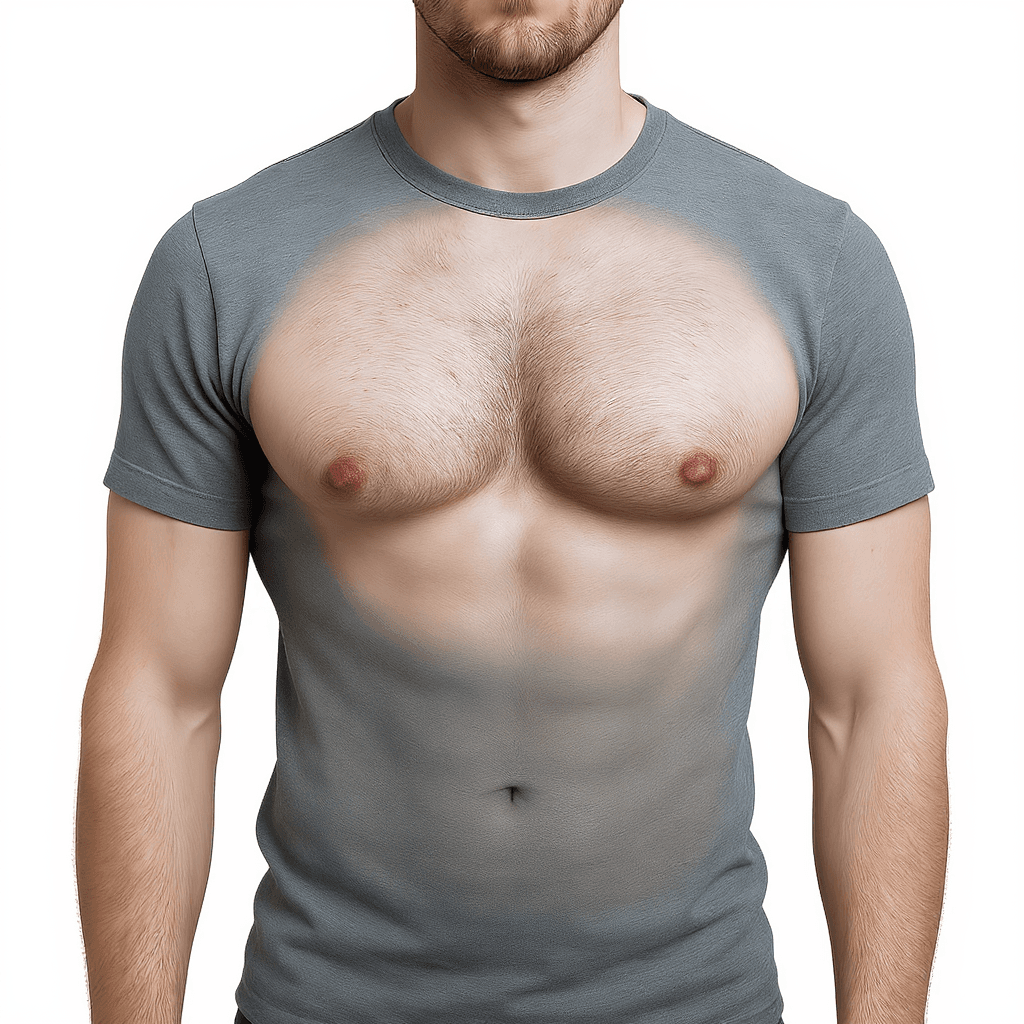 AI generated: Remove t-shirt. The chest slightly hairy. The physique matching the original picture.