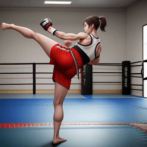 AI generated: ultra realistic hight kick mma demonstration for a muscular girl in dojo okinawa