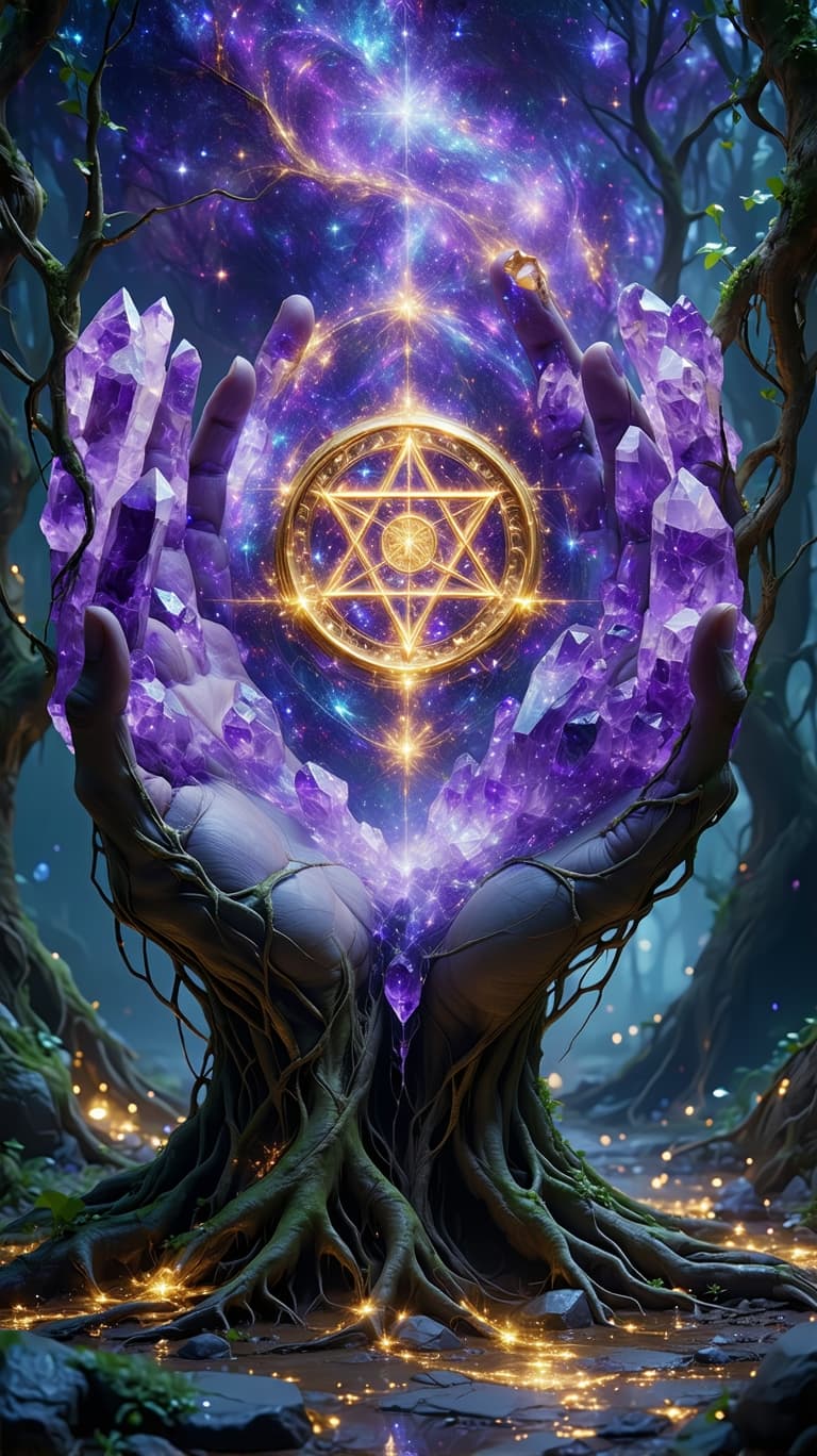 AI generated: A single radiant golden pentacle materializes from a swirling vortex of cosmic energy, its surface s...