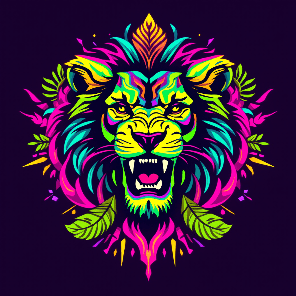 AI generated: "A roaring lion’s head, rendered in a mix of hot pink, lime green, and electric yellow neon lines, w...