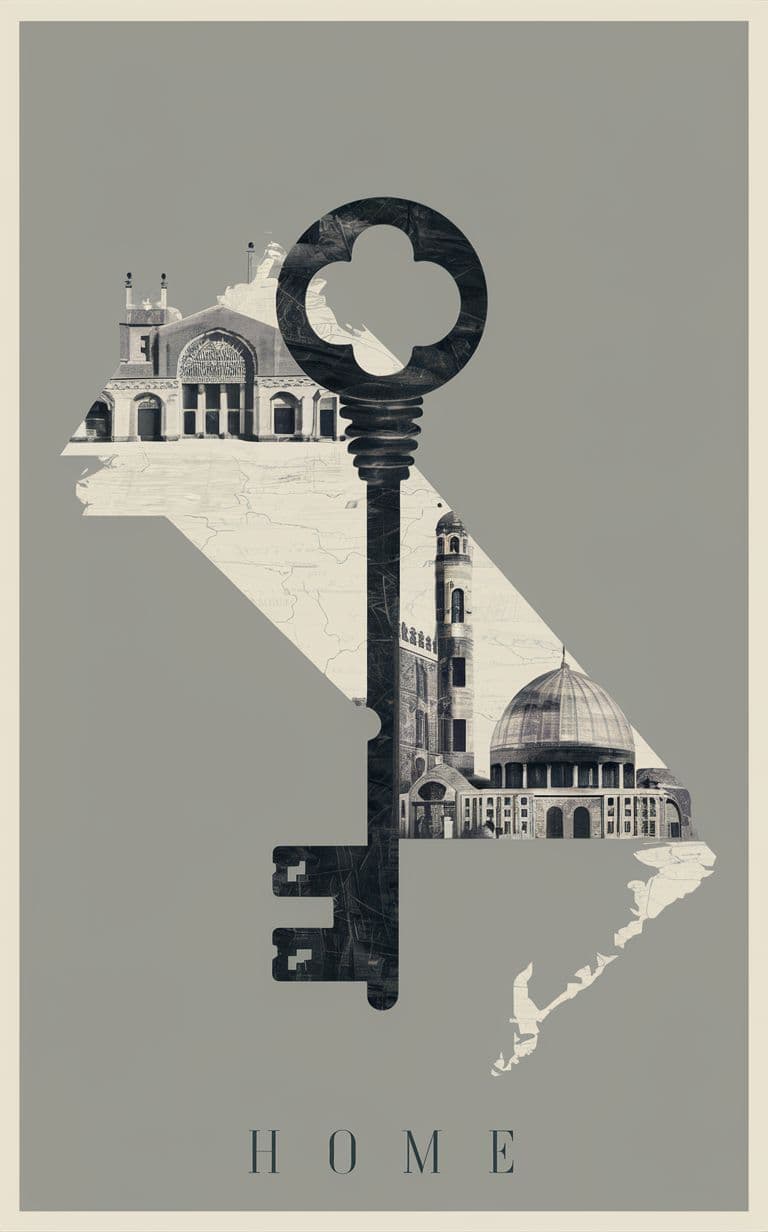AI generated: Create a visual representation of the idea of "home" for Palestinians, featuring an image of a key s...