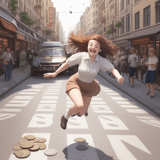 AI generated: Picture of coin Penny rolling joyfully through the lively streets of CoinCity
