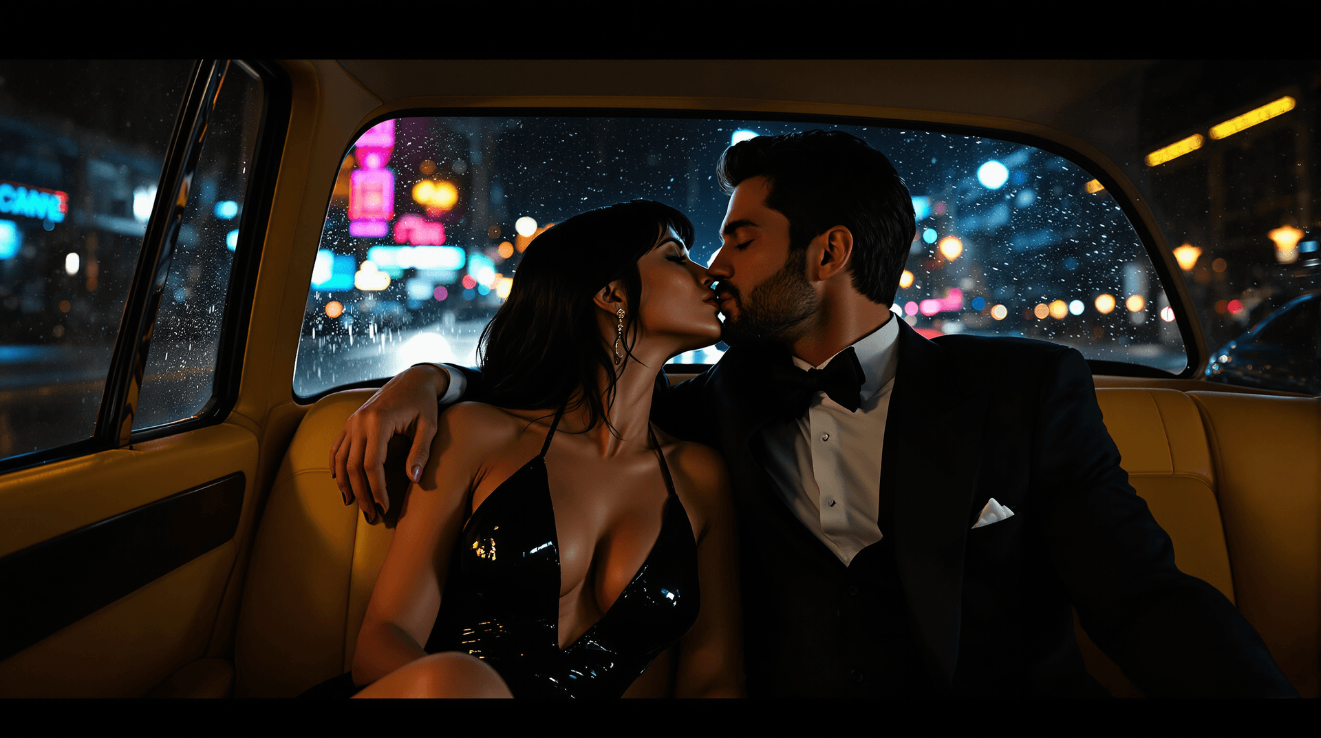 AI generated: Interior of a yellow cab at night. A Caucasian couple (Lilith and Jon) in the back seat. Lilith (plu...