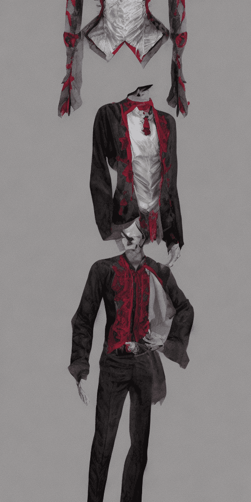 AI generated: man's scarlet shirt in gothic style on the white background, material silk, very symmetrical shirt, ...
