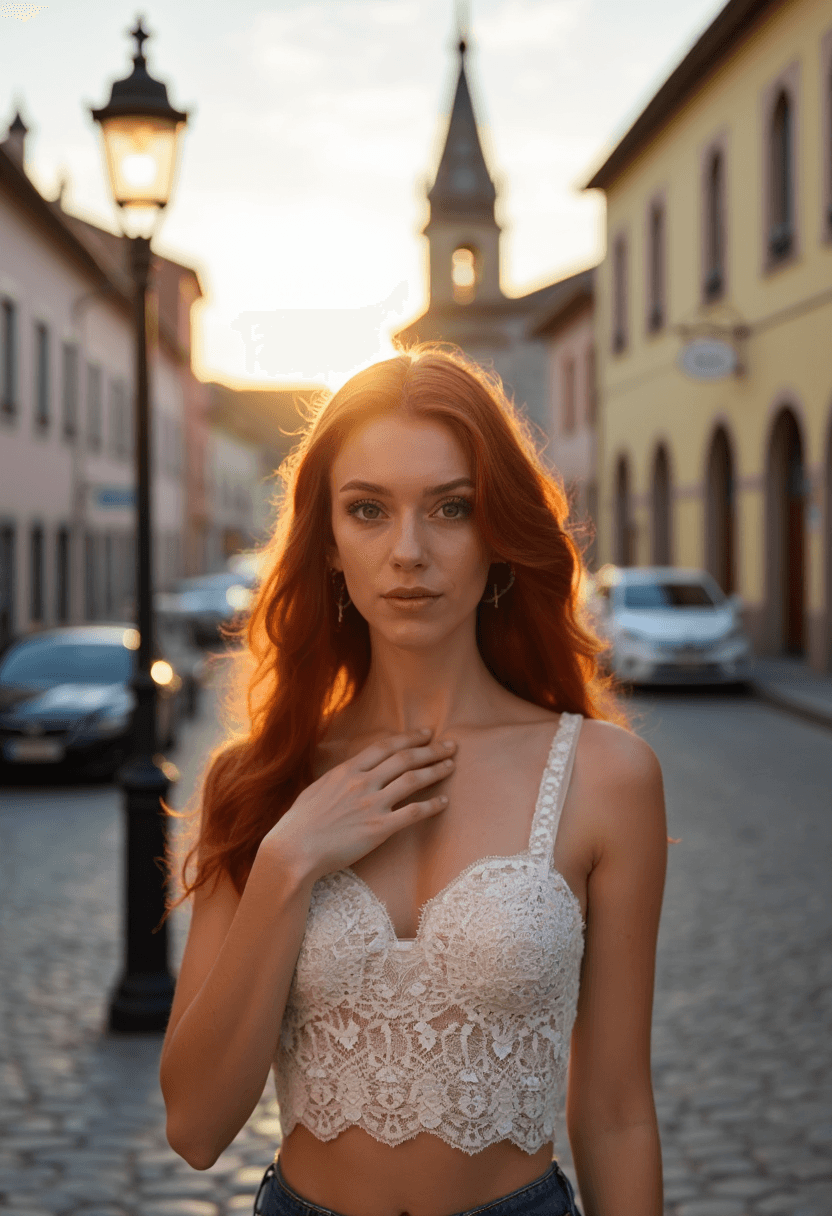 AI generated: Create a professional photograph of a charming town square during golden hour, shot using a Fujifilm...