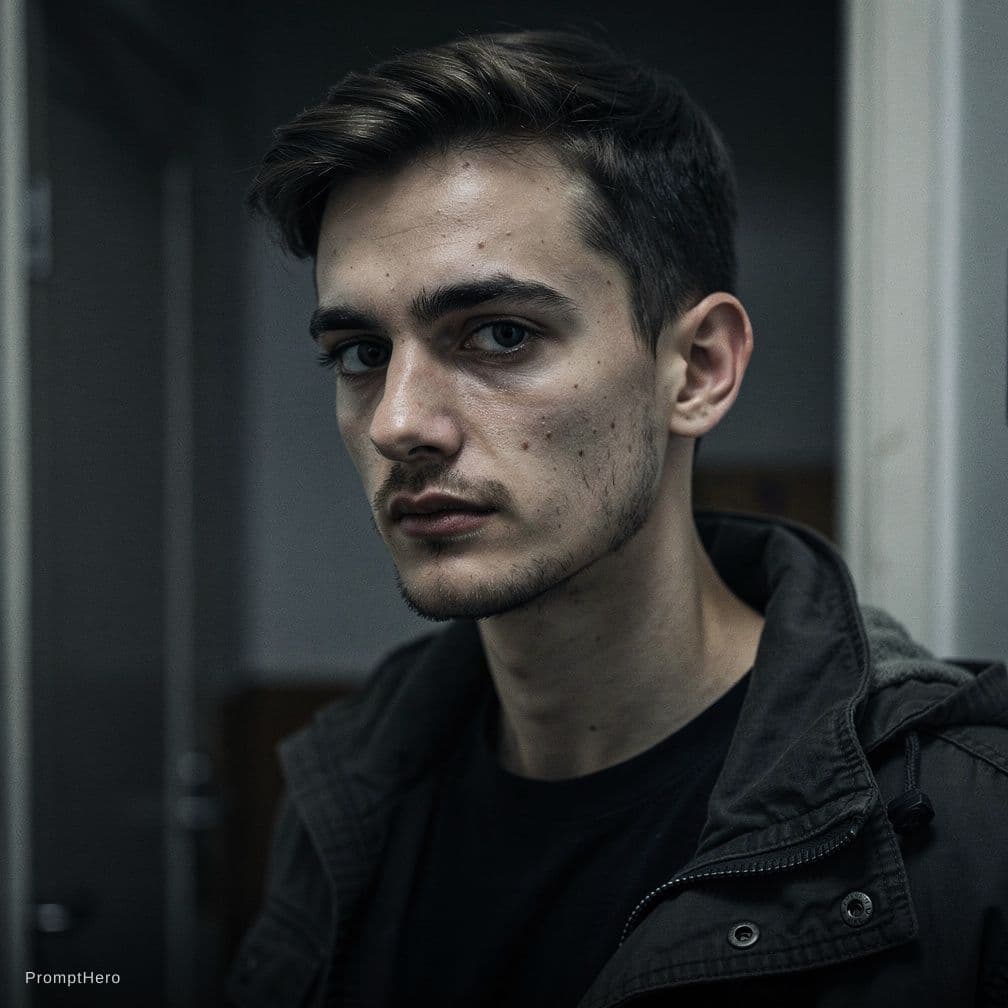 AI generated: Photorealistic cinematic portrait of Marc, 22, a brilliant psychology and management student, calm, ...