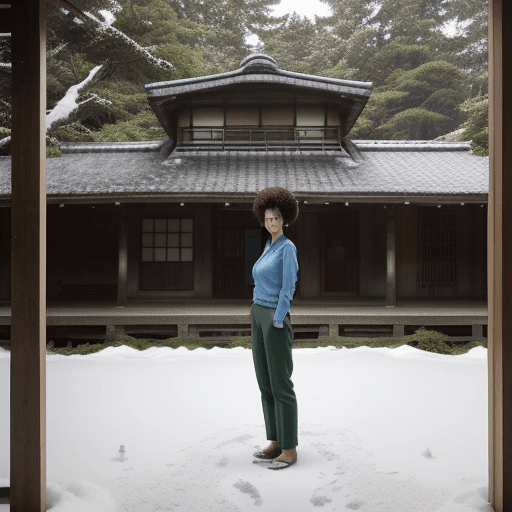 AI generated: A Japanese woman wearing a blue shirt and long dark green pants is standing in front of an old woode...