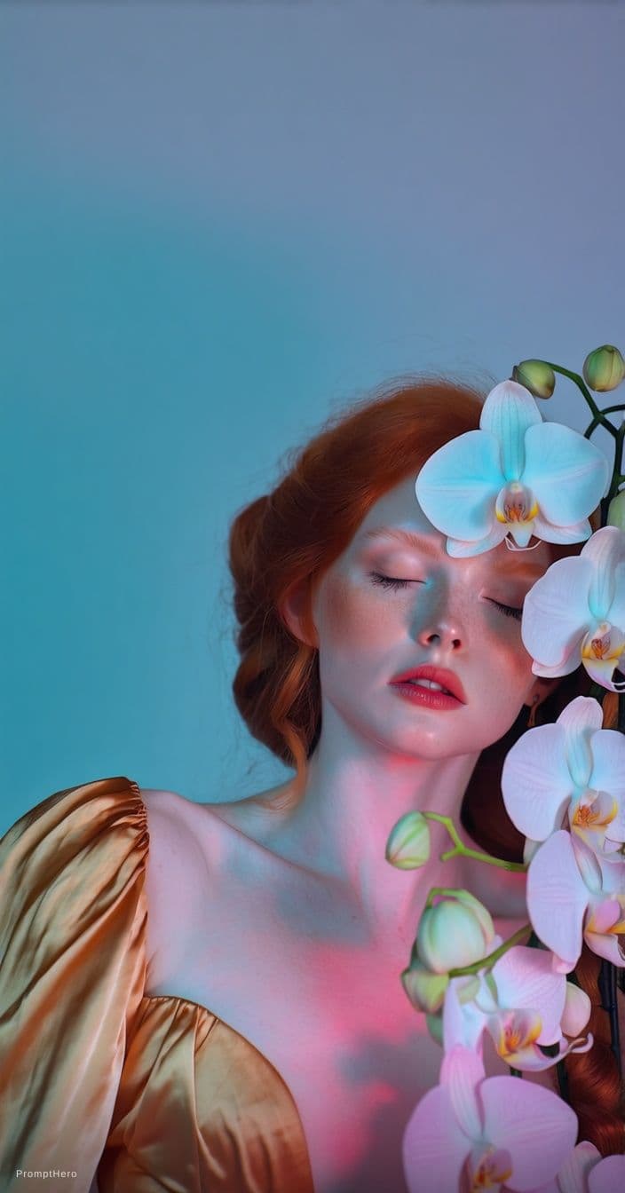 AI generated: Elegant, sensual portrait of a beautiful redhead woman, fair skin, delicate features, closed eyes, p...