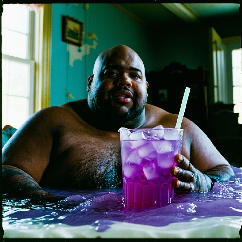 AI generated: grainy 80's photograph quality polaroid of big fat bald jolly black man drowning in purple drink cau...