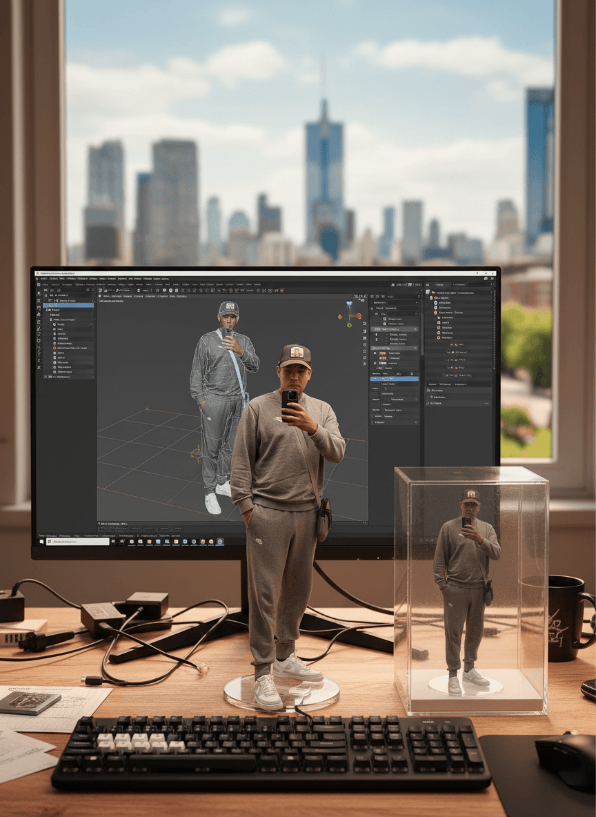 AI generated: Transforming the photographed person into a realistic 3D figurine in front of a computer desk. The c...