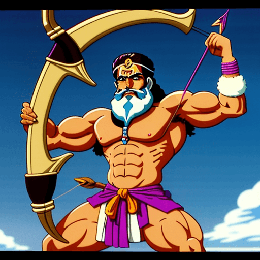 AI generated: 1980s anime still in the style of original video animation, Sri Ram with a beard, with muscular phys...
