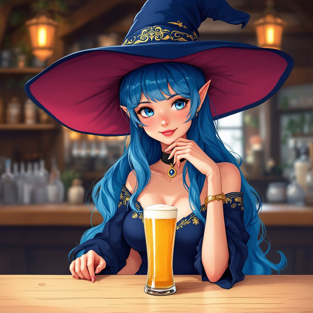 AI generated: A Anime Illustration depicts a young-appearing female character with long, wavy blue hair and fair s...